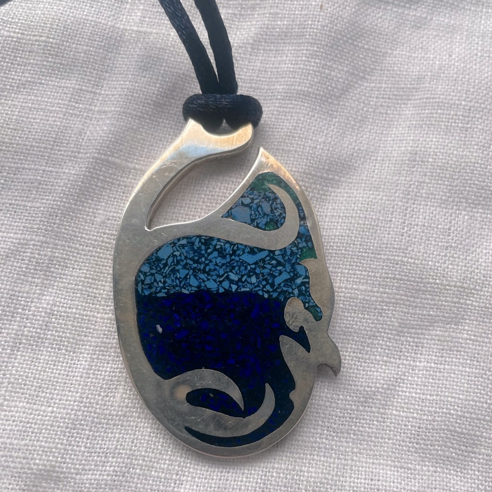 Necklace, silver & stones medallion, hand crafted